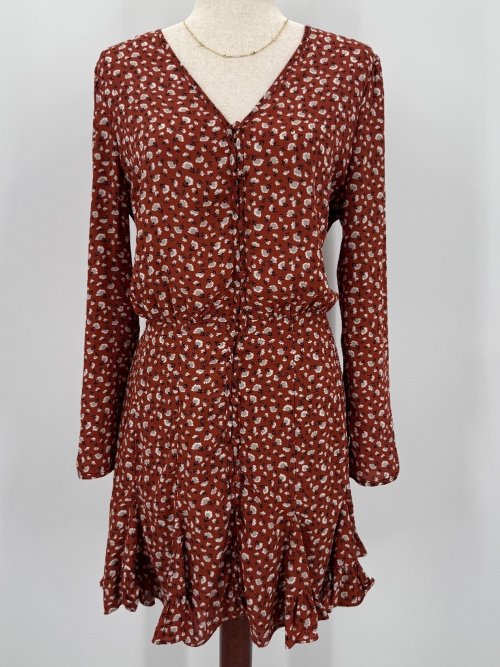 Miss Me Floral Mini Dress Rust Brown White V Neck Long Sleeve Ruffle Women M